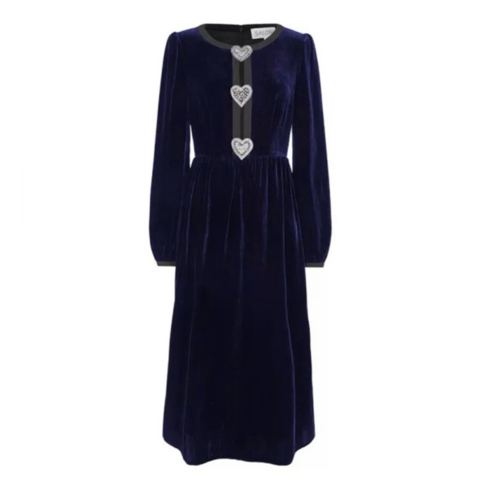 EUC Saloni Camille Velvet Midi Dress Glitter Hearts Women’s Size 4 Blue Purple